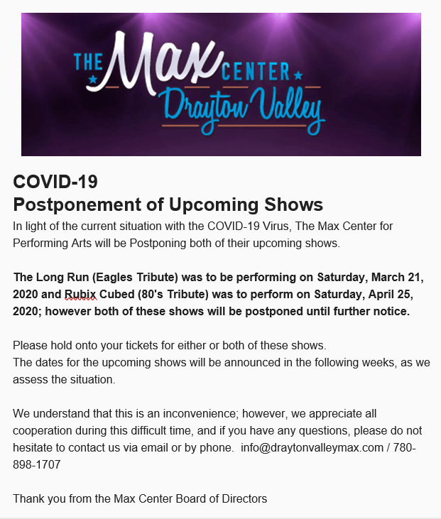 You are currently viewing COVID -19 Postponement of Upcoming Shows